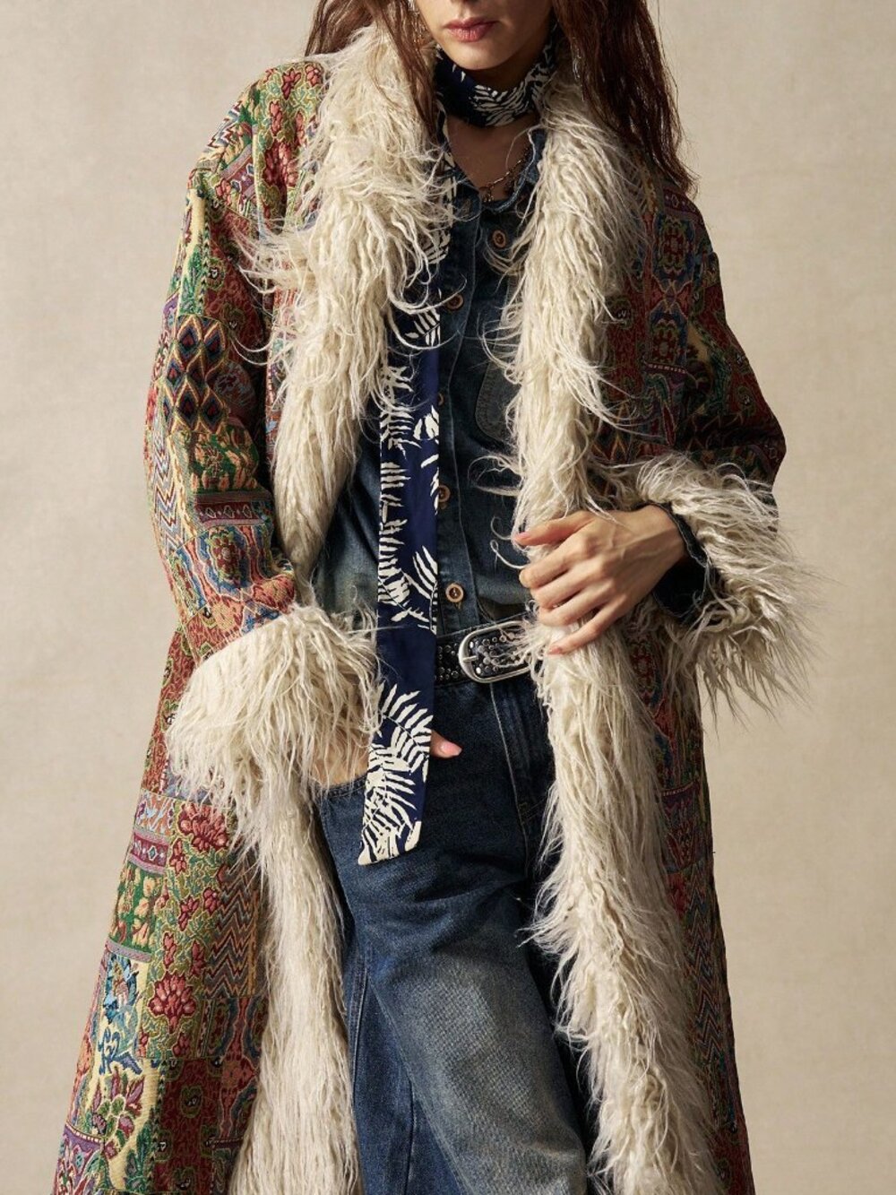 Multicolor Casual Women's Jacquard Faux Fur Coat - Picture 2 of 8